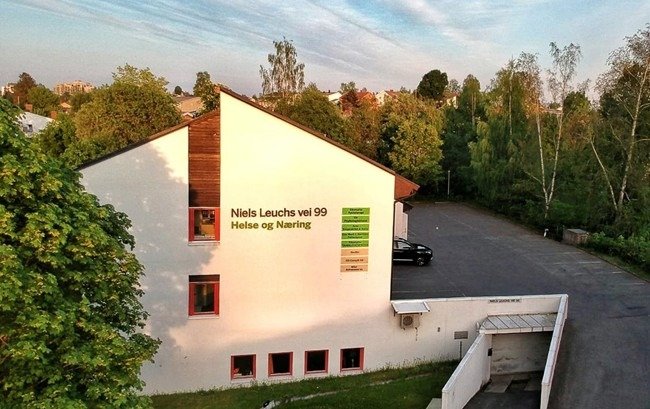 Bygg omgitt av trær og høstfarger